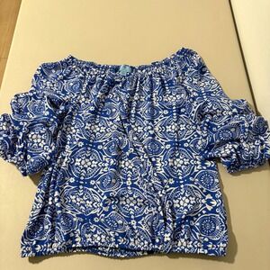 CeCe Blue White Medallion Print Off The Shoulder Smocked Peasant Blouse Top L